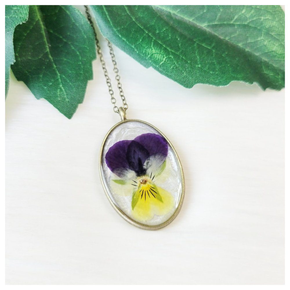 Floral Pendant Necklace Purple and Yellow Pressed Dried Pansy Flower Oval Bezel